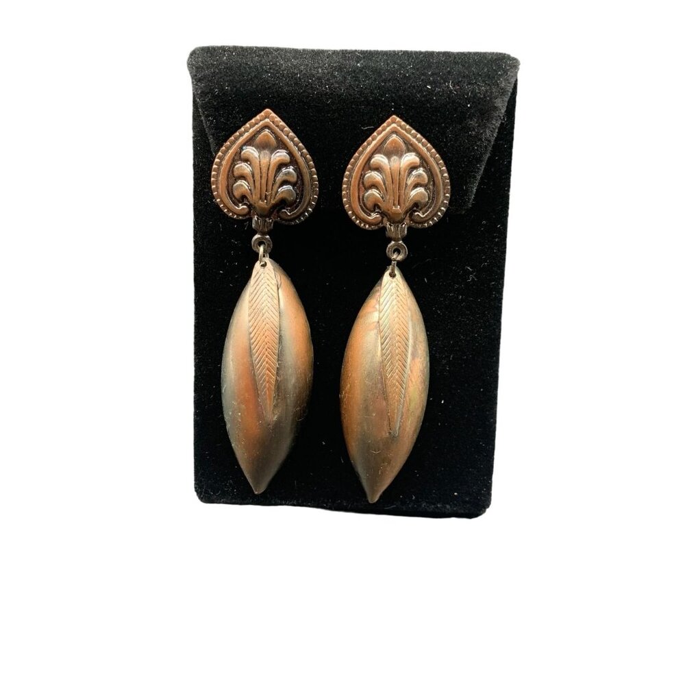 Funky Dangle Earrings Copper Tone Clip On Statement Jewelry Leaf Shape